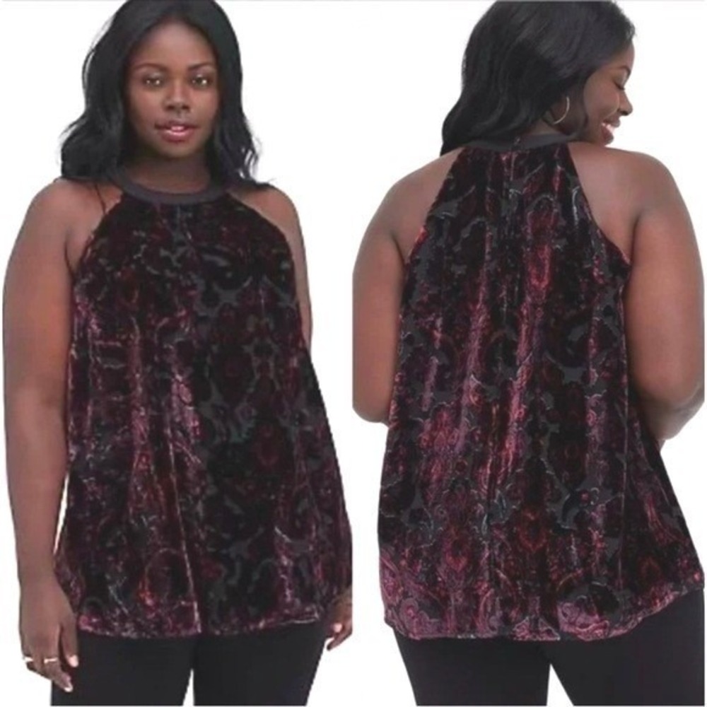 Torrid Womens Plus Size 1 Velvet Burnout Damask‎ Halter Top Burgundy Black Red